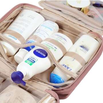 NISHEL Travel Toiletry Bag for Women Large Capacity, Makeup Essentials Organizer, Hanging Case for Accessories, Cosmetics, Rosewood-Pink