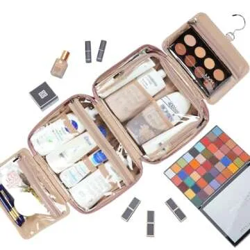 NISHEL Travel Toiletry Bag for Women Large Capacity, Makeup Essentials Organizer, Hanging Case for Accessories, Cosmetics, Rosewood-Pink