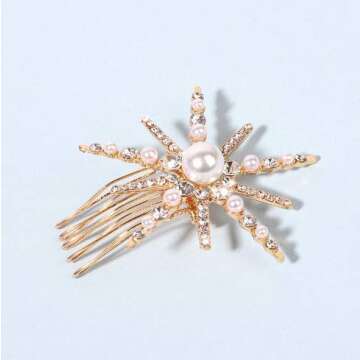 Blufly Star Hair Clips Gold Pearl Hair Clamp Crystal Hairgrip Beaded Starburst Headwear Hair Slides Hair Pin 1PC Jewelry for Women and Girl (Gold)