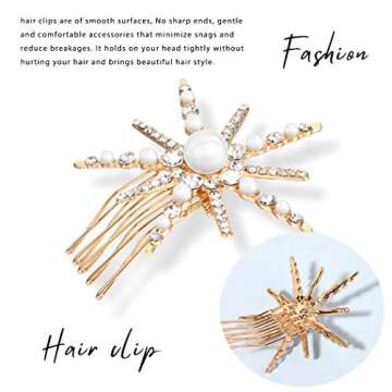 Blufly Star Hair Clips Gold Pearl Hair Clamp Crystal Hairgrip Beaded Starburst Headwear Hair Slides Hair Pin 1PC Jewelry for Women and Girl (Gold)