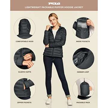 TSLA Women's Lightweight Packable Accent Puffer Jacket, Water-Resistant Winter Coat, Hoodie Packable Jacket Charcoal, X-Large