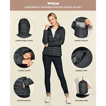 TSLA Women's Lightweight Packable Accent Puffer Jacket, Water-Resistant Winter Coat, Hoodie Packable Jacket Charcoal, X-Large