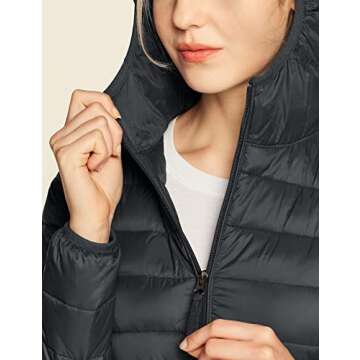 TSLA Women's Lightweight Packable Accent Puffer Jacket, Water-Resistant Winter Coat, Hoodie Packable Jacket Charcoal, X-Large