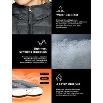 TSLA Women's Lightweight Packable Accent Puffer Jacket, Water-Resistant Winter Coat, Hoodie Packable Jacket Charcoal, X-Large