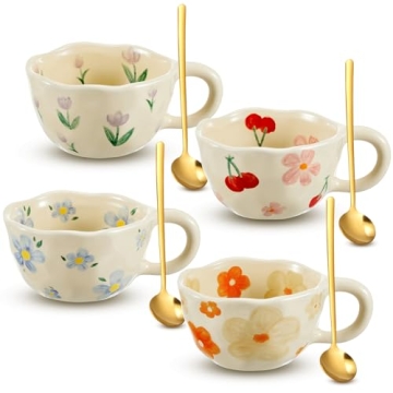 Vesici 4 Styles Cute Ceramic Flower Coffee Mug Set - Vintage Floral Mugs for Tea and Coffee
