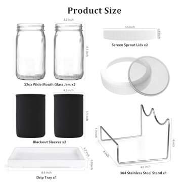 Seed Sprouting Kit, 2 Large Wide Mouth Mason Jars with Sprout Lids, Blackout Sleeves, Drain Tray, Stainless Steel Stand, Sprouts Growing Kit for Bean, Broccoli, Alfalfa (White)