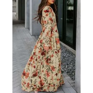 BLENCOT Women's Casual Boho Floral Printed Deep V Neck Loose Long Sleeve Long Evening Dress Ruched C...