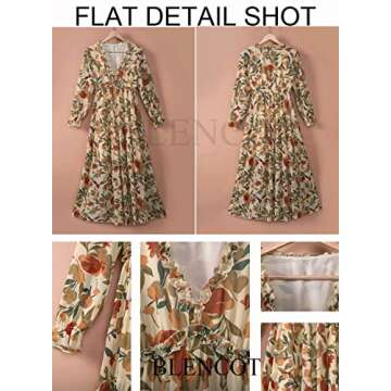 BLENCOT Women's Casual Boho Floral Printed Deep V Neck Loose Long Sleeve Long Evening Dress Ruched Cocktail Party Maxi Wedding Dress Apricot Large