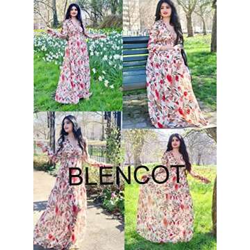 BLENCOT Women's Casual Boho Floral Printed Deep V Neck Loose Long Sleeve Long Evening Dress Ruched Cocktail Party Maxi Wedding Dress Apricot Large
