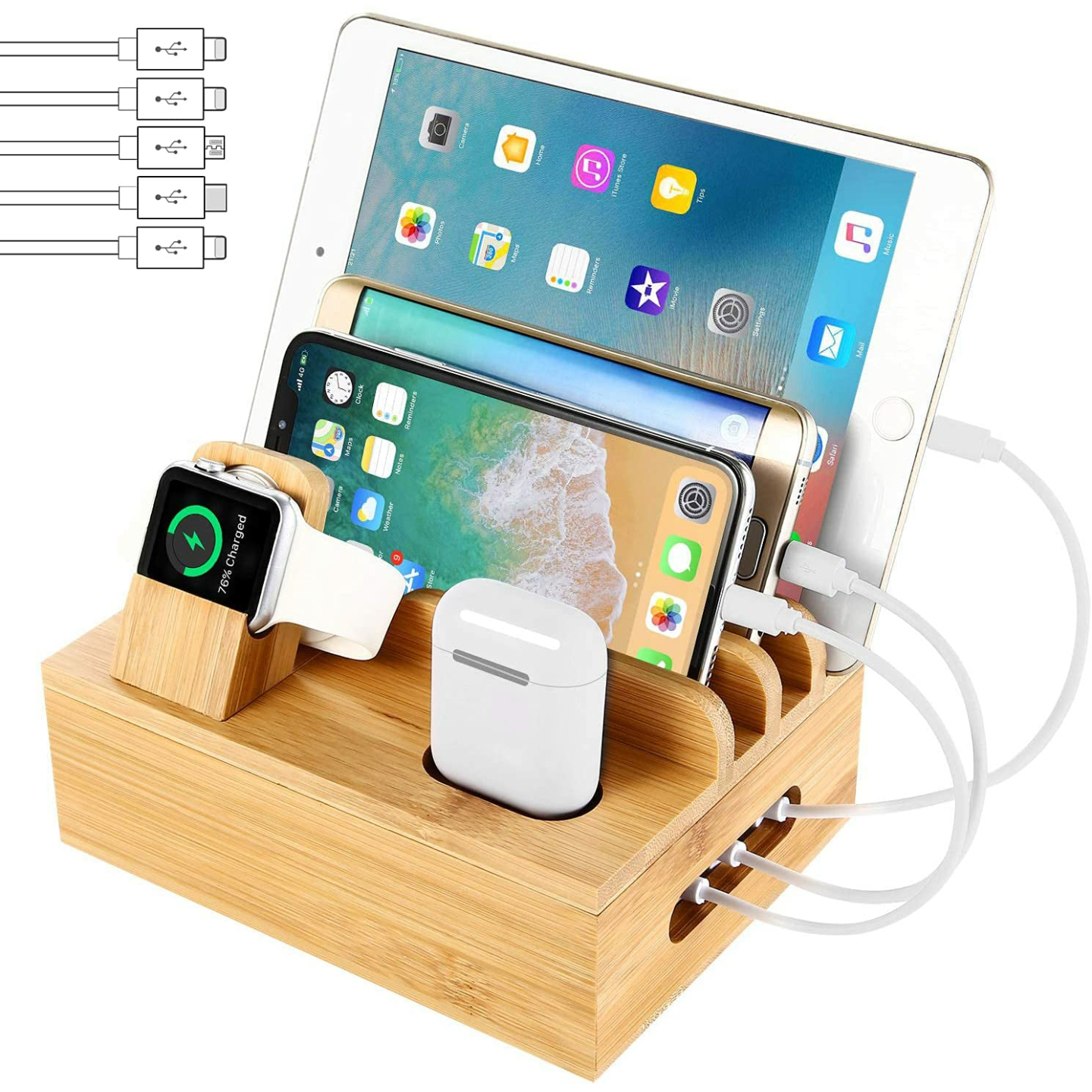 Bamboo Charging Station Dock for Multiple Devices