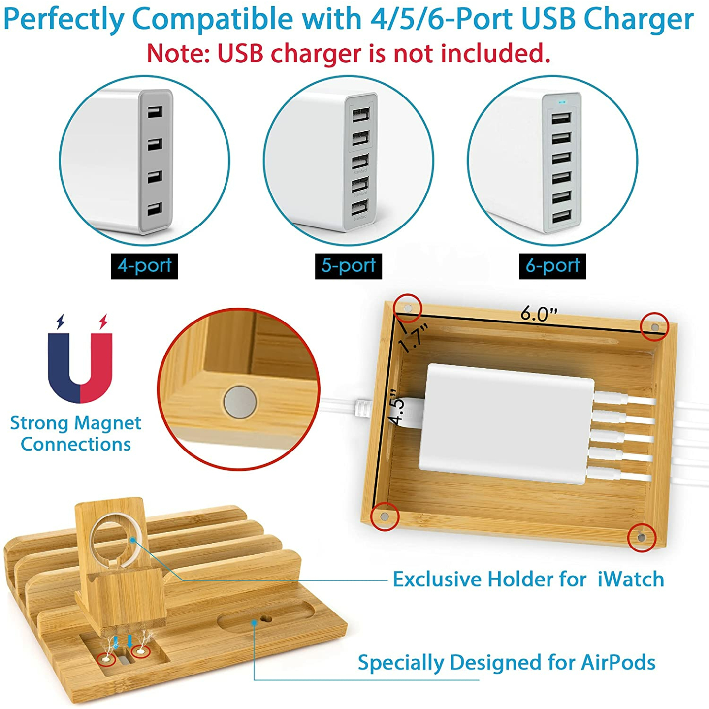 Bamboo Charging Station Dock for Multiple Devices