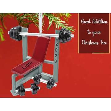 UniqXmas Personalized Workout Christmas Ornament 2024 | Weightlifting Gym Chair Barbell & Dumbbell for Xmas Tree | Unique Keepsake Gift for Weightlifter & Fitness Lover - Custom Name & Year