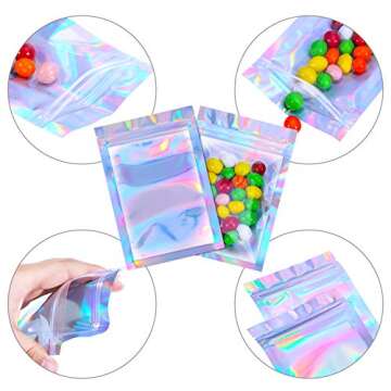 Blulu 100 Pieces Resealable Foil Pouch Bags Holographic Packaging Foil Storage Bags for Food Storage Candy Cookies Party Jewelry(3.3 x 5.1 Inches,Holographic Color)