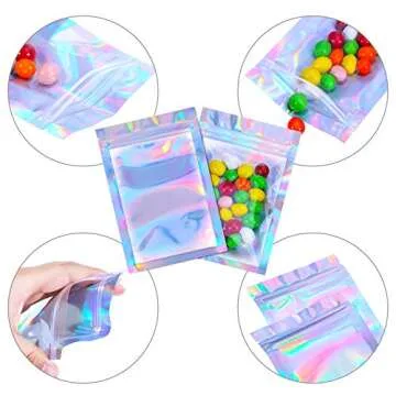 Blulu 100 Pieces Resealable Foil Pouch Bags Holographic Packaging Foil Storage Bags for Food Storage Candy Cookies Party Jewelry(3.3 x 5.1 Inches,Holographic Color)