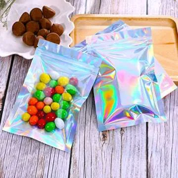 Blulu 100 Pieces Resealable Foil Pouch Bags Holographic Packaging Foil Storage Bags for Food Storage Candy Cookies Party Jewelry(3.3 x 5.1 Inches,Holographic Color)