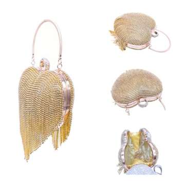UMREN Women Luxury Heart Shape Tassel Evening Clutch Bag Rhinestones Wedding Party Purse Handbag Gol...