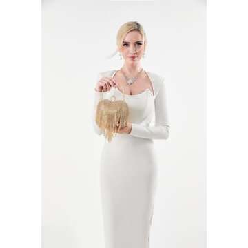 UMREN Women Luxury Heart Shape Tassel Evening Clutch Bag Rhinestones Wedding Party Purse Handbag Gold