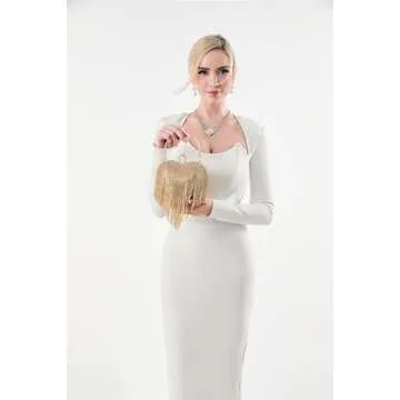 UMREN Women Luxury Heart Shape Tassel Evening Clutch Bag Rhinestones Wedding Party Purse Handbag Gold