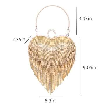 UMREN Women Luxury Heart Shape Tassel Evening Clutch Bag Rhinestones Wedding Party Purse Handbag Gold