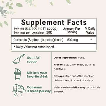 Pure Quercetin Dihydrate Powder, Quercetin 500mg Per Serving, 100 Grams, Most Bioavailable Grade and Filler Free, Powerful Antioxidant Supports Energy, Immune System , No GMOs and Vegan