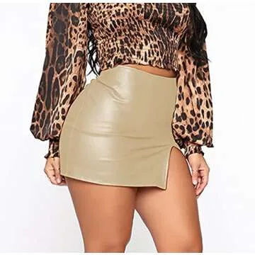 FEOYA Women's Elastic High Waist A-Line Skirt with Shorts Pockets Skort Side Slit Mini Skirt Nude, Medium