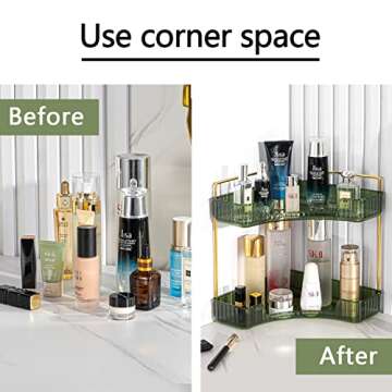 shuang qing 2-Tier Corner Bathroom Counter Organizer – Classic Storage Shelf for Makeup, Perfume & Toiletries, Space-Saving Countertop Tray Fits Bathroom, Dresser, Kitchen (Sage Green)