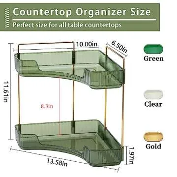 shuang qing 2-Tier Corner Bathroom Counter Organizer – Classic Storage Shelf for Makeup, Perfume & Toiletries, Space-Saving Countertop Tray Fits Bathroom, Dresser, Kitchen (Sage Green)