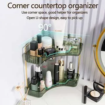 shuang qing 2-Tier Corner Bathroom Counter Organizer – Classic Storage Shelf for Makeup, Perfume & Toiletries, Space-Saving Countertop Tray Fits Bathroom, Dresser, Kitchen (Sage Green)