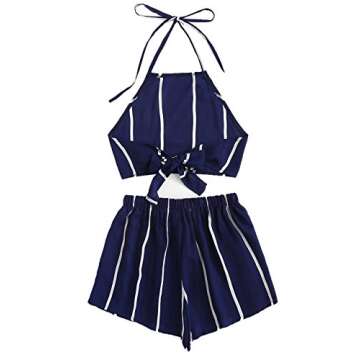 SweatyRocks Women's 2 Piece Outfits Halter Sleeveless Crop Cami Top with Shorts Blue Large