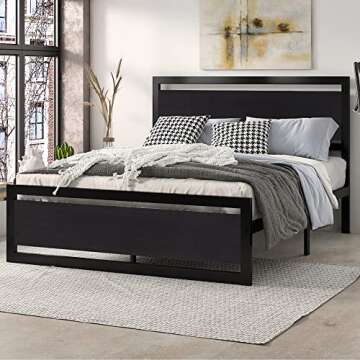 SHA CERLIN Queen Size Bed Frame with Modern Headboard, Heavy Duty Platform Metal Base with Square Footboard and 13 Strong Slats Support, No Box Spring Needed, Black