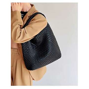 Woven Tote Bag for Women Soft Leather Tote Bag with Purse Large Capacity Handbags Fashion Woven Shoulder Bag