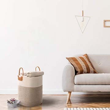 Large Decorative Woven Storage Basket with Leather Handles