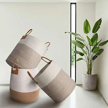 Large Decorative Woven Storage Basket with Leather Handles