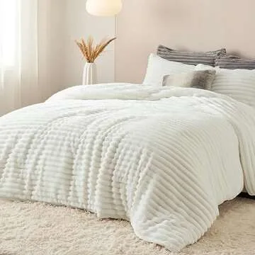 Bedsure Fluffy Comforter Set Queen - Super Soft Faux Fur Bed Set Cream White, Winter Warm Plush Flee...