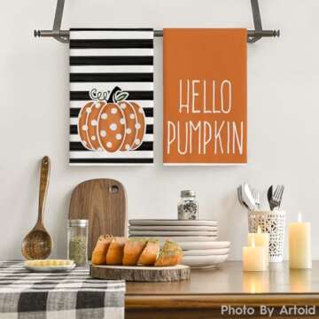 Artoid Mode Orange Polka Dot Stripes Hello Pumpkin Fall Kitchen Towels Dish Towels, 18x26 Inch Farmhouse Decoration Hand Towels Set of 2