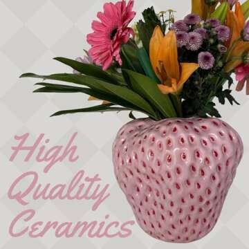PeachiiPitt Pink Strawberry Vase- Unique Flower Vase for Aesthetic Decor, Strawberry Decorations for Kitchen Decor, Bookshelf Decor and Coffee Table Centerpiece, Cute Fruit Vase Room Decor