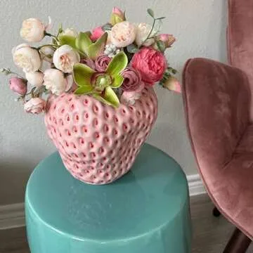 PeachiiPitt Pink Strawberry Vase- Unique Flower Vase for Aesthetic Decor, Strawberry Decorations for Kitchen Decor, Bookshelf Decor and Coffee Table Centerpiece, Cute Fruit Vase Room Decor