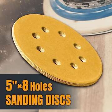 POWERTEC 5 Inch 8 Hole Sanding Discs - 220 Grit Sandpaper (50-Pack), 5" Hook and Loop Sanding Pads f...