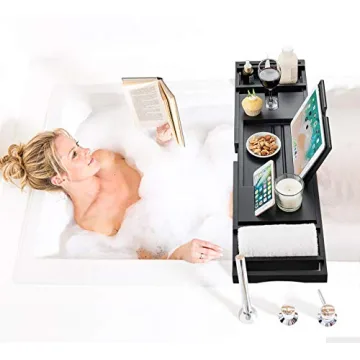 HBlife Bamboo Bathtub Caddy with Wineglass Holder