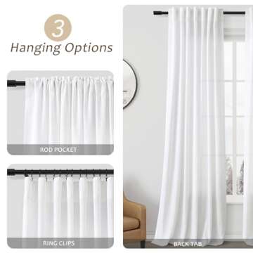 White Curtains 90 Inches Long Cotton Linen Rod Pocket Back Tab Semi Sheer White Drapes Privacy Light...