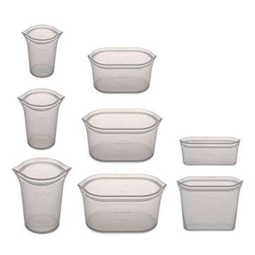 Zip Top Reusable Food Storage Bags | Full Set of 8 [Gray] | Silicone Meal Prep Container | Microwave...