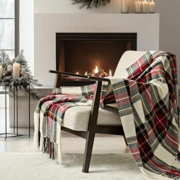 EVERGRACE Stewart Christmas Plaid Chenille Throw Blanket for Couch, Super Soft Cozy Tartan Checkered...