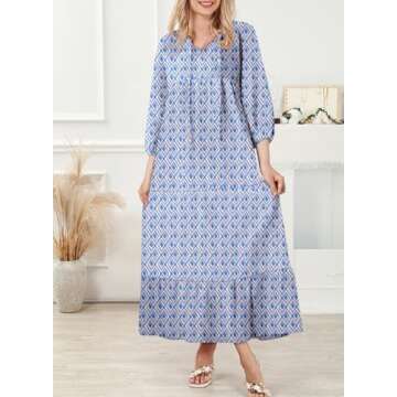 Dokotoo Womens Spring Dresses Lantern Long Sleeve Dress V Neck Maxi Dress Smocked Ruffle Boho Dress Casual Beach Dresses for Women Vacation Small Blue