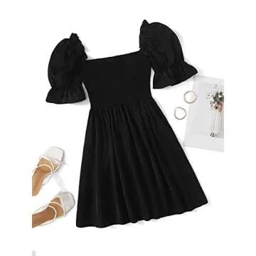 WDIRARA Women's Square Neck Flounce Short Sleeve Shirred Ruffle Hem Dress Black L