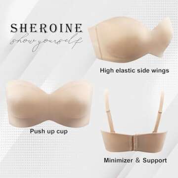 sheroine Strapless Push up Plus Size Seamless Bra Underwire Convertible Smoothing Unpadded Support Large Breasts Bras(Nude,38DD)