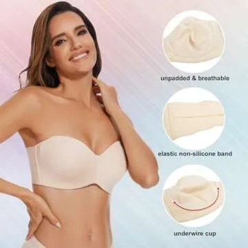sheroine Strapless Push up Plus Size Seamless Bra Underwire Convertible Smoothing Unpadded Support Large Breasts Bras(Nude,38DD)