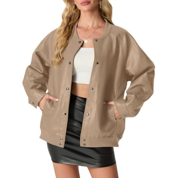 Lepunuo Women's Faux Leather Bomber Jacket - Casual Loose Moto Coat for Fall & Winter