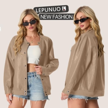 Lepunuo Women's Faux Leather Bomber Jacket for Fall Fashion