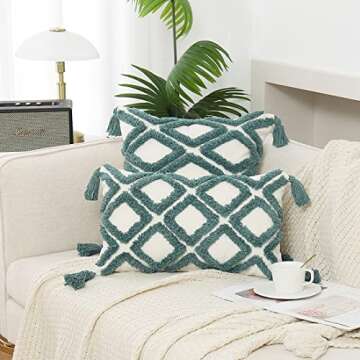 PLWORLD Boho Green Throw Pillow Cover 20x20 Inch with Tassels, Moroccan Tufted Decorative Cream Chenille Fabric Accent Textured Cushion Case for Bed Couch, 1 PC Cover Only No Insert