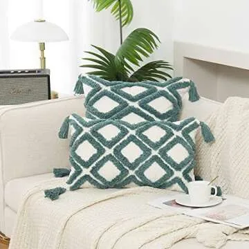 PLWORLD Boho Green Throw Pillow Cover 20x20 Inch with Tassels, Moroccan Tufted Decorative Cream Chenille Fabric Accent Textured Cushion Case for Bed Couch, 1 PC Cover Only No Insert